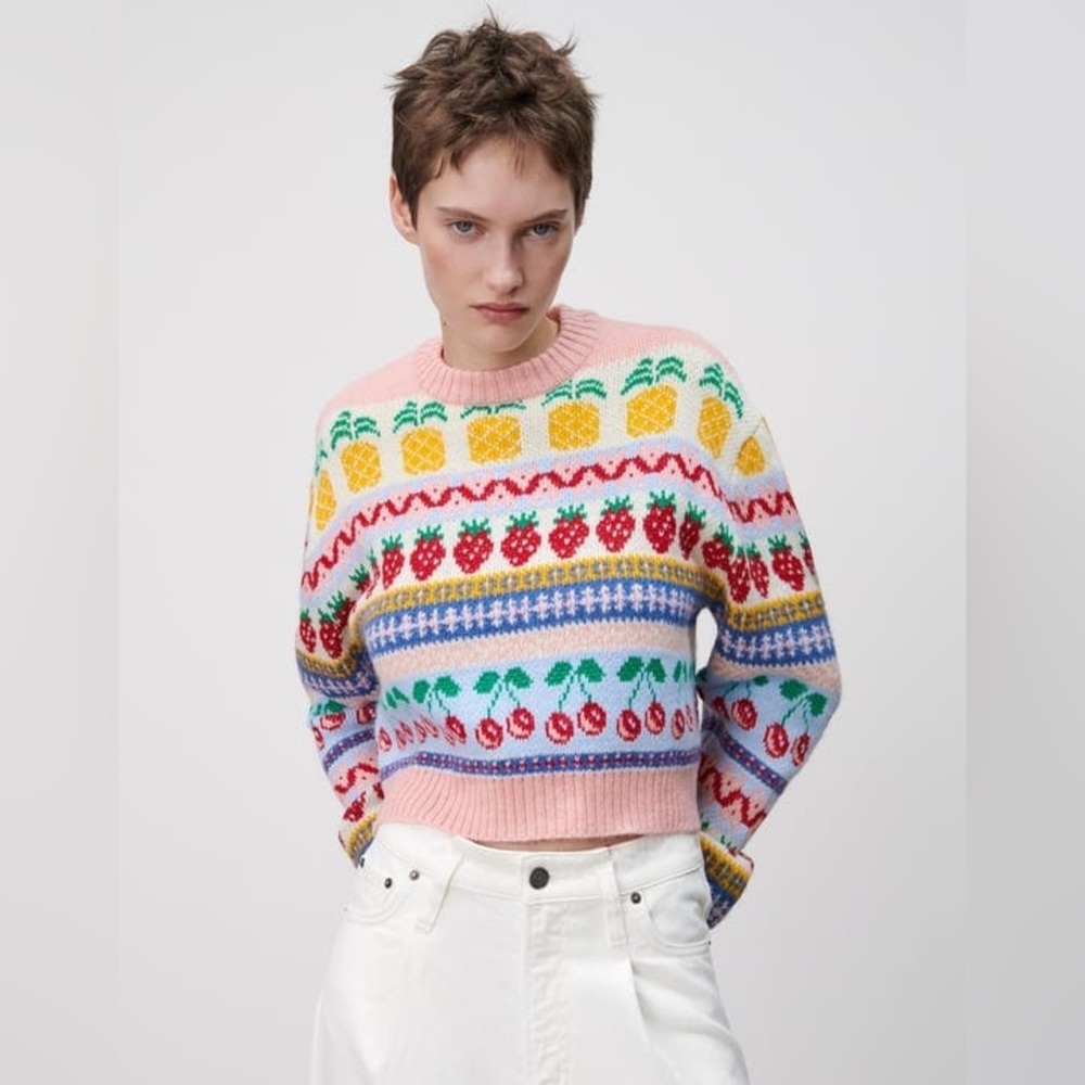 ZARA Fruit Jacquard Sweater size Small S 🍒🍓🍍